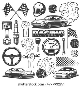 Car racing black isolated monochrome icon set with objects and attributes of automobile, vector illustration. Racing helmet, piston, spark plug, wheel, flag.