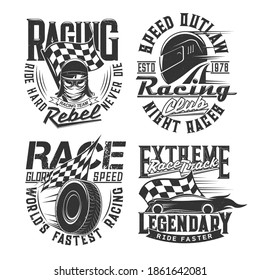 Car racing club, motorsport team t-shirt retro prints. Car or motorcycle race driver, racer modern and vintage helmet, goggles, checkered flag and tire engraved vector. Racetrack driver clothing print