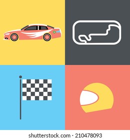 Car racing collection / Vector illustration / Car racing icons set / Flat design