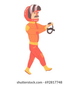 Car racing driver man in an orange uniform and helmet holding steering wheel, racing participant vector Illustration