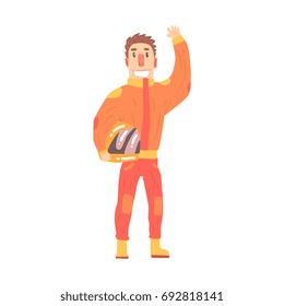 Car racing driver man in an orange uniform greeting fans, member of racing team vector Illustration