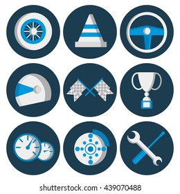 Car racing flat icons set