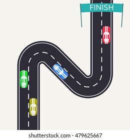 Car Racing in flat style. Winding road and sport car icons. Top View Background. Vector illustration.