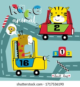 car racing funny animal cartoon,vector illustration