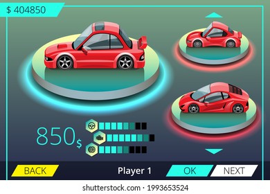 Car racing game in display menu tuning for upgrade performance car of game player. Player can upgrade engine, power, durability, speed, beauty, wheel, tire, and any car parts. illustration 3d style