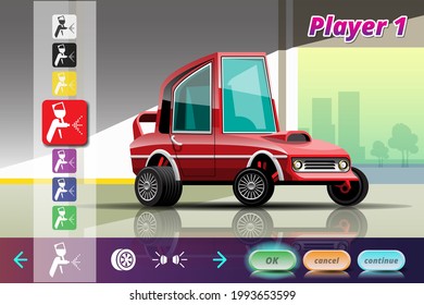 Car Racing Game In Display Menu Juning For Upgrade Performance Car Of Game Player. Player Can Upgrade Engine, Power, Durability, Speed, Beauty, Wheel, Tire, And Any Car Parts. Vector 3d Style