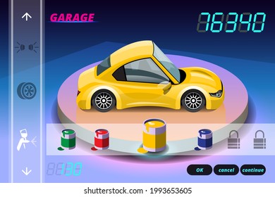 Car racing game in display menu juning for upgrade performance car of game player. Player can upgrade engine, power, durability, speed, beauty, wheel, tire, and any car parts. Vector 3d style