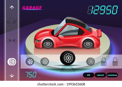 Car racing game in display menu juning for upgrade performance car of game player. Player can upgrade engine, power, durability, speed, beauty, wheel, tire, and any car parts. Vector 3d style