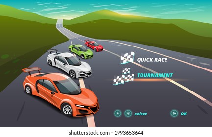 Car Racing Game In Display Menu Tuning For Upgrade Performance Car Of Game Player. Player Can Upgrade Engine, Power, Durability, Speed, Beauty, Wheel, Tire, And Any Car Parts. Illustration 3d Style