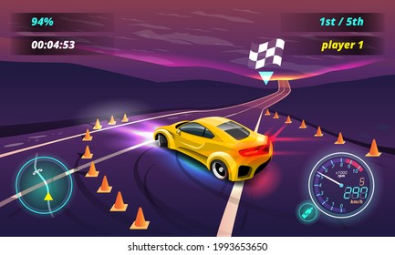 Car racing game in display menu tuning for upgrade performance car of game player. Player can upgrade engine, power, durability, speed, beauty, wheel, tire, and any car parts. illustration 3d style
