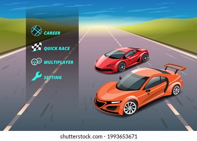 Car racing game in display menu tuning for upgrade performance car of game player. Player can upgrade engine, power, durability, speed, beauty, wheel, tire, and any car parts. illustration 3d style