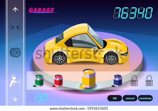 Car racing game in display menu juning for upgrade
performance car of game player. Player can upgrade engine, power,
durability, speed, beauty, wheel, tire, and any car parts. Vector
3d style