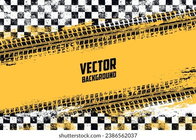 Car racing grunge background colorful with checkered flag to announce finish and traces of cars around copy space vector illustration