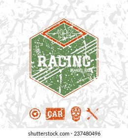 Car racing hexagonal emblem in retro style. Graphic design for t-shirt. Color print on a white background