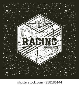 Car racing hexagonal emblem in retro style. Graphic design for t-shirt. White print on a black background