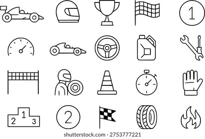 Car racing icon set, in outline or line art design