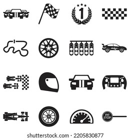 Iconos de carreras de coches. Diseño plano negro. Ilustración vectorial.