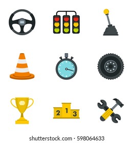 Iconos de carreras de Camión. Ilustración plana de 9 iconos vectoriales de carreras de camiones para web