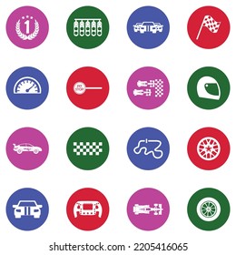 Car Racing Icons. White Flat Collection In Circle. Vector Illustration.