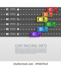 Car racing info art cover, Car race strip card, Road color transportation, Car Leader, Vector infographics Illustration