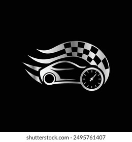 Car racing logo with speedometer, race car and checkered flag