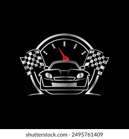 Car racing logo with speedometer, race car and checkered flag