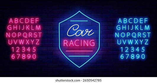 Car racing neon icon with shield. Drift show. Glowing blue and pink alphabet. Vector stock illustration