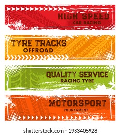 Car racing, off road tracks and motorsport tournament banners. Automobile tire dirty traces, wheel protector trails in mud and vehicle rubber threads vector. Motor race, tyre service grungy banners