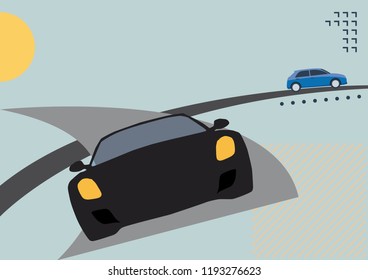 Car racing on the road. Vector poster background in retro style