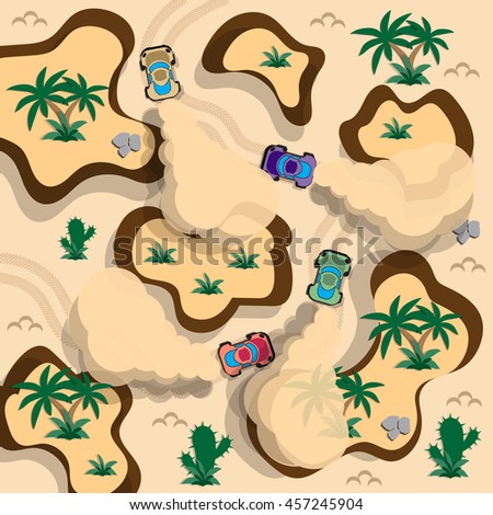 Car racing on the sand. View from above. Vector illustration.