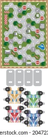 Car racing on trucks. Board game. Set for handmade. Vector illustration.