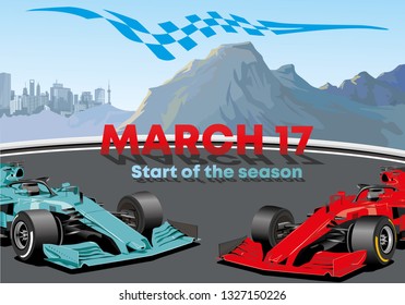 Car racing, postcard to the beginning of the season. Sports cars on the background of the metropolis and mountains. Vector illustration