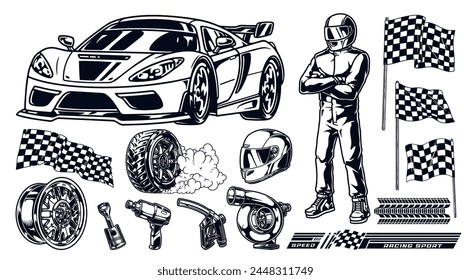 Conjunto de carreras de coches Elementos monocromo automóvil deportivo y corredor con los brazos cruzados cerca de banderas a cuadros y Ilustración vectorial de autopartes