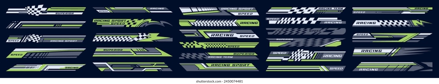Car racing set logotypes colorful for tuning automobiles with abstract lines near finishing flags and wheel prints vector illustration