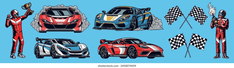 Car racing set stickers colorful with champions of motorsport competitions near automobiles and finishing flags vector illustration