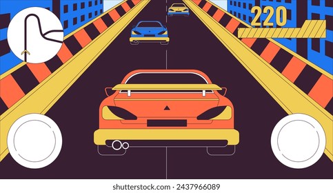 Simulador de carreras de coches juego 2D concepto de ilustración lineal. Videojuego de control de interfaz de fondo de escena de dibujos animados. Metáfora de desarrollo de juegos de computadora abstracto vector plano contorno gráfico