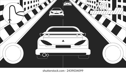 Car racing simulator game 2D linear illustration concept. Videogame controlling interface cartoon scene background. Computer game development metaphor abstract flat vector outline graphic