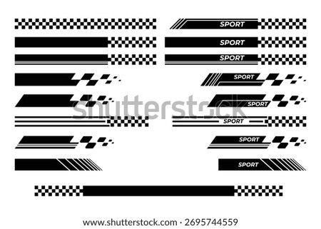 Car racing and racing stripes set, checkered pattern, checkered flag, finish line, motocross label, dynamic lines, motorsport, racing speed, sport decals, vehicle tuning stickers