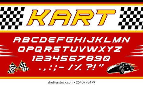 Car racing type, modern sport font, futuristic power bold typeface, modern english alphabet vector typography. Dynamic fast speed letters and numbers font with race sport car and racing finish flags