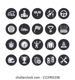 Car racing vector flat glyph icons. Speed auto championship signs - track, automobile, racer, helmet, checkered flags, steering wheel, start. Solid silhouette pixel perfect 64x64.