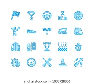 Car racing vector flat line icons. Speed auto championship signs - track, automobile, racer, helmet, checkered flags, steering wheel, start. Pixel perfect 64x64.