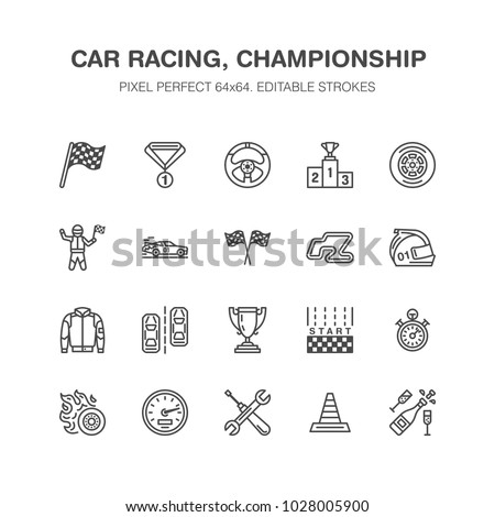 Car racing vector flat line icons. Speed auto championship signs - track, automobile, racer, helmet, checkered flags, steering wheel, start. Pixel perfect 64x64.