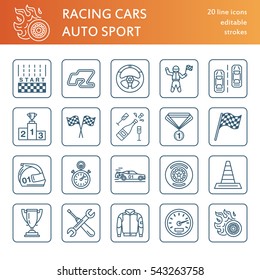 Car racing vector line icons. Speed auto championship signs - track, automobile, racer, helmet, checkers flags, steering wheel. Linear pictogram set with editable stroke for sport event, fan store.