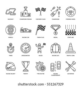 Car Racing Vector Line Icons. Speed Auto Championship Signs - Track, Automobile, Racer, Helmet, Checkers Flags, Steering Wheel. Linear Pictogram Set With Editable Stroke For Sport Event, Fan Store.