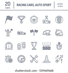 Car racing vector line icons. Speed auto championship signs - track, automobile, racer, helmet, checkers flags, steering wheel. Linear pictogram set with editable stroke for sport event, fan store