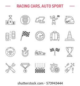 Car racing vector line icons. Speed auto championship signs - track, automobile, racer, helmet, checkers flags, steering wheel. Linear pictogram set with editable stroke for sport event, fan store