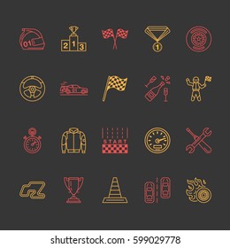Car racing vector line icons. Speed auto championship signs - track, automobile, racer, helmet, checkers flags, steering wheel. Linear pictogram set with editable stroke for sport event, fan store