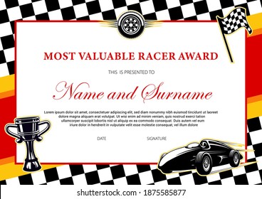 Car racing winner certificate or diploma award to racer, vector template with finish flag frame. Rally sport championship cup victory award diploma or tournament certificate with wheels and sport car