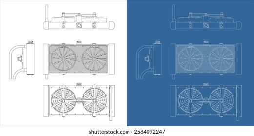 Car Radiator Intercooler with Dual Fan Line Drawing Blueprint Technical Illustration