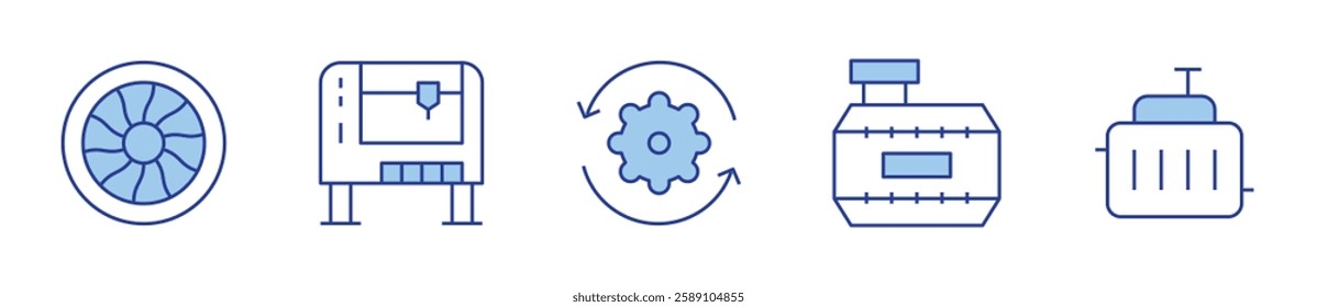 car radiator, jet engine, milling machine, process, tank. Engineering Icon vector illustration. Line Duotone style. Editable stroke.